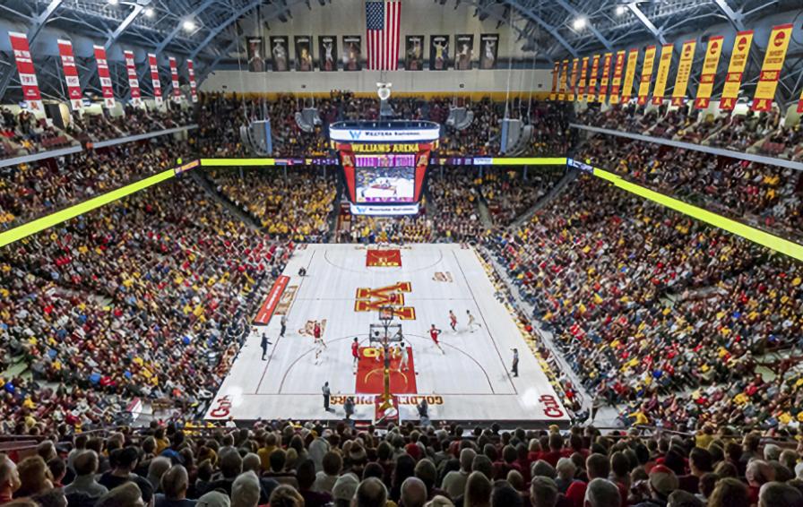 Inside Williams Arena - view of a basketball game from high in the stands