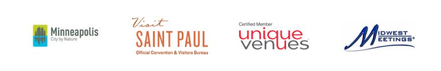 Member association logos: Meet Minneapolis, Visit Saint Paul, Unique Venues, Midwest Meetings